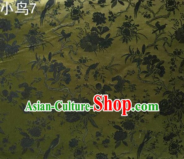 Asian Chinese Traditional Embroidery Magpie Peony Satin Olive Green Silk Fabric, Top Grade Brocade Tang Suit Hanfu Full Dress Fabric Cheongsam Cloth Material