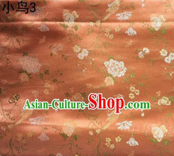 Asian Chinese Traditional Embroidery Magpie Peony Satin Orange Silk Fabric, Top Grade Brocade Tang Suit Hanfu Full Dress Fabric Cheongsam Cloth Material