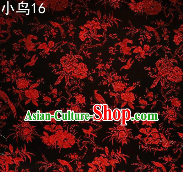 Asian Chinese Traditional Embroidery Red Magpie Peony Satin Black Silk Fabric, Top Grade Brocade Tang Suit Hanfu Full Dress Fabric Cheongsam Cloth Material