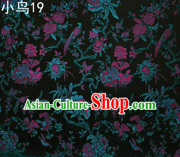 Asian Chinese Traditional Embroidery Magpie Peony Satin Atrovirens Silk Fabric, Top Grade Brocade Tang Suit Hanfu Full Dress Fabric Cheongsam Cloth Material