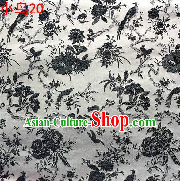 Asian Chinese Traditional Embroidery Black Magpie Peony Satin White Silk Fabric, Top Grade Brocade Tang Suit Hanfu Full Dress Fabric Cheongsam Cloth Material