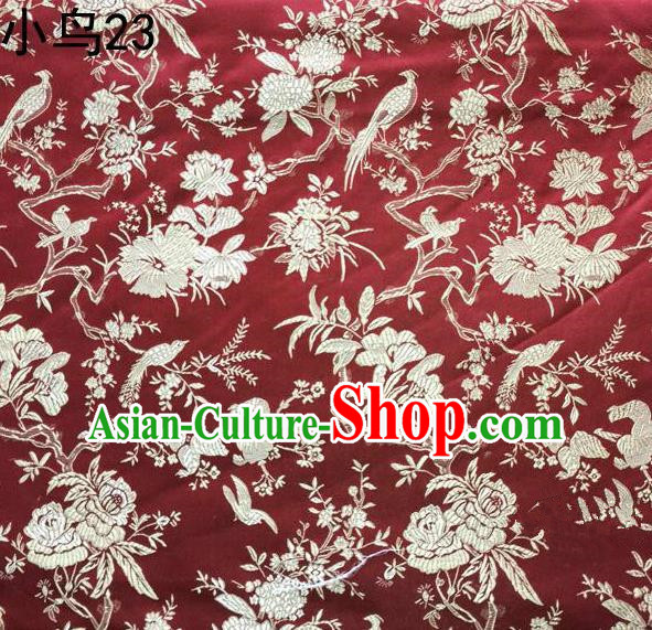 Asian Chinese Traditional Embroidery Golden Magpie Peony Satin Wine Red Silk Fabric, Top Grade Brocade Tang Suit Hanfu Full Dress Fabric Cheongsam Cloth Material
