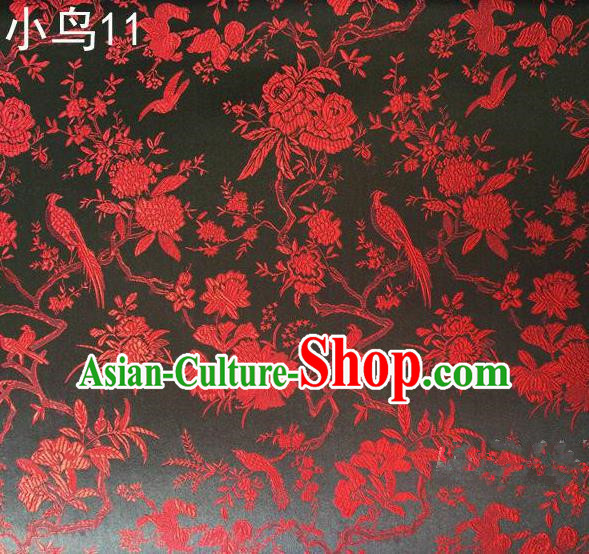 Asian Chinese Traditional Embroidery Red Magpie Peony Satin Black Silk Fabric, Top Grade Brocade Tang Suit Hanfu Full Dress Fabric Cheongsam Cloth Material