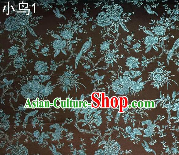 Asian Chinese Traditional Embroidery Magpie Peony Satin Coffee Silk Fabric, Top Grade Brocade Tang Suit Hanfu Full Dress Fabric Cheongsam Cloth Material