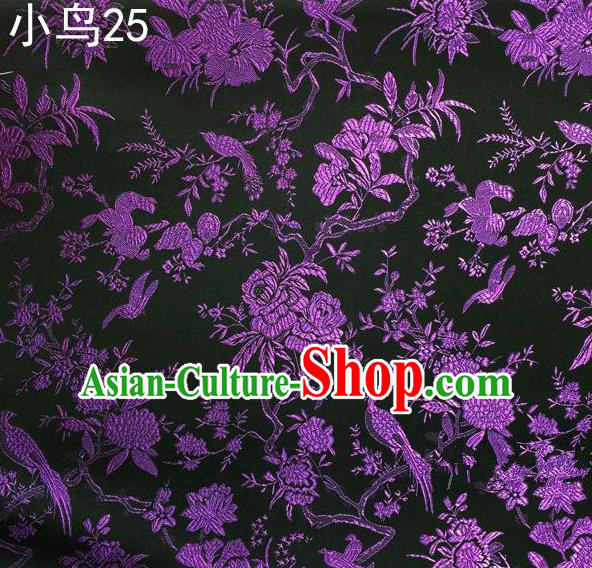 Asian Chinese Traditional Embroidery Purple Magpie Peony Satin Black Silk Fabric, Top Grade Brocade Tang Suit Hanfu Full Dress Fabric Cheongsam Cloth Material