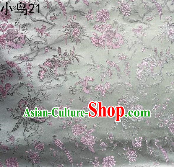 Asian Chinese Traditional Embroidery Pink Magpie Peony Satin Sliver Silk Fabric, Top Grade Brocade Tang Suit Hanfu Full Dress Fabric Cheongsam Cloth Material