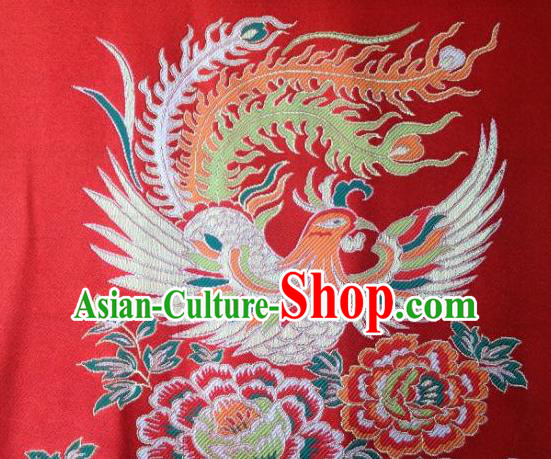 Asian Chinese Traditional Embroidery Phoenix Peony Red Satin Wedding Silk Fabric, Top Grade Brocade Tang Suit Hanfu Full Dress Fabric Cheongsam Cloth Material