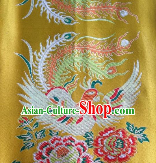 Asian Chinese Traditional Embroidery Phoenix Peony Yellow Satin Wedding Silk Fabric, Top Grade Brocade Tang Suit Hanfu Full Dress Fabric Cheongsam Cloth Material
