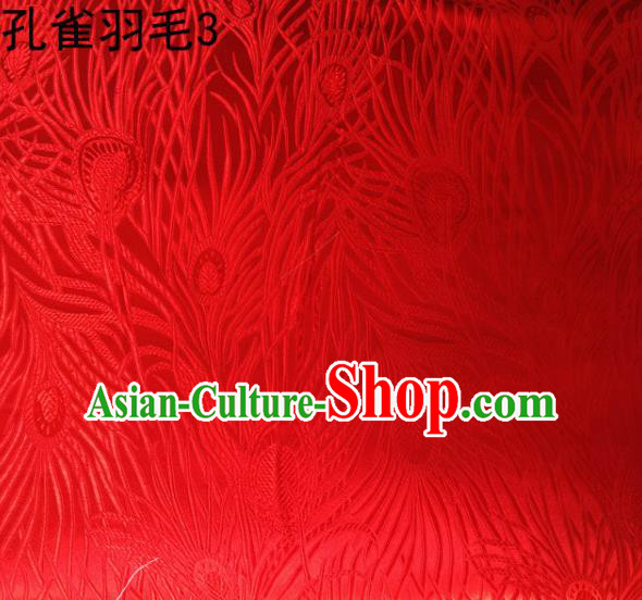 Asian Chinese Traditional Embroidery Peacock Feathers Red Satin Wedding Silk Fabric, Top Grade Brocade Tang Suit Hanfu Dress Fabric Cheongsam Cloth Material