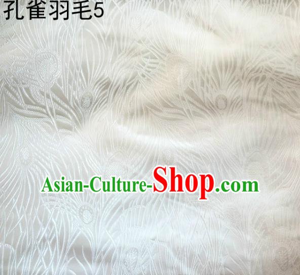Asian Chinese Traditional Embroidery Peacock Feathers White Satin Wedding Silk Fabric, Top Grade Brocade Tang Suit Hanfu Dress Fabric Cheongsam Cloth Material