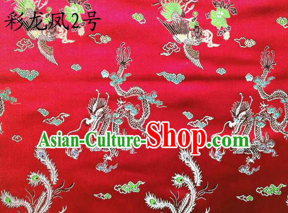 Asian Chinese Traditional Embroidery Colorful Dragon and Phoenix Bringing Prosperity Red Satin Silk Fabric, Top Grade Tibetan Brocade Tang Suit Hanfu Fabric Cheongsam Cloth Material