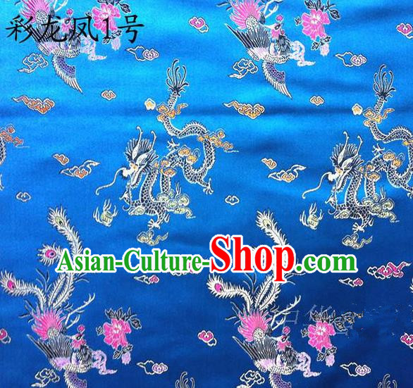 Asian Chinese Traditional Embroidery Colorful Dragon and Phoenix Bringing Prosperity Royalblue Satin Silk Fabric, Top Grade Tibetan Brocade Tang Suit Hanfu Fabric Cheongsam Cloth Material