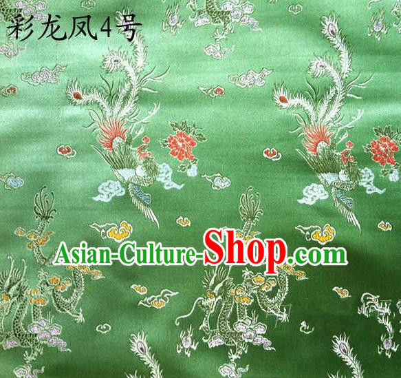 Asian Chinese Traditional Embroidery Colorful Dragon and Phoenix Bringing Prosperity Green Satin Silk Fabric, Top Grade Tibetan Brocade Tang Suit Hanfu Fabric Cheongsam Cloth Material