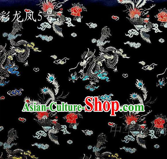 Asian Chinese Traditional Embroidery Dragon and Phoenix Bringing Prosperity Black Satin Silk Fabric, Top Grade Tibetan Brocade Tang Suit Hanfu Fabric Cheongsam Cloth Material