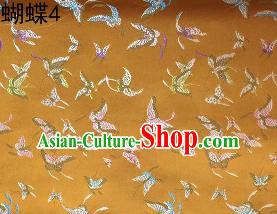 Asian Chinese Traditional Embroidery Colorful Butterflies Yellow Satin Silk Fabric, Top Grade Brocade Tang Suit Hanfu Fabric Cheongsam Cloth Material