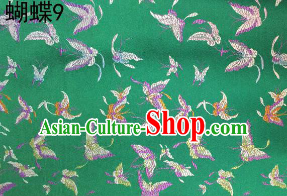 Asian Chinese Traditional Embroidery Colorful Butterflies Green Satin Silk Fabric, Top Grade Brocade Tang Suit Hanfu Fabric Cheongsam Cloth Material