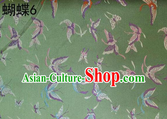 Asian Chinese Traditional Embroidery Colorful Butterflies Light Green Satin Silk Fabric, Top Grade Brocade Tang Suit Hanfu Fabric Cheongsam Cloth Material