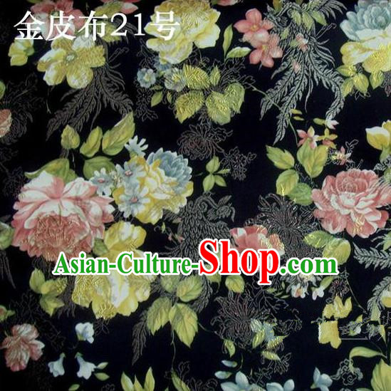 Asian Chinese Traditional Embroidery Peony Black Satin Silk Fabric, Top Grade Brocade Tang Suit Hanfu Fabric Cheongsam Cloth Material