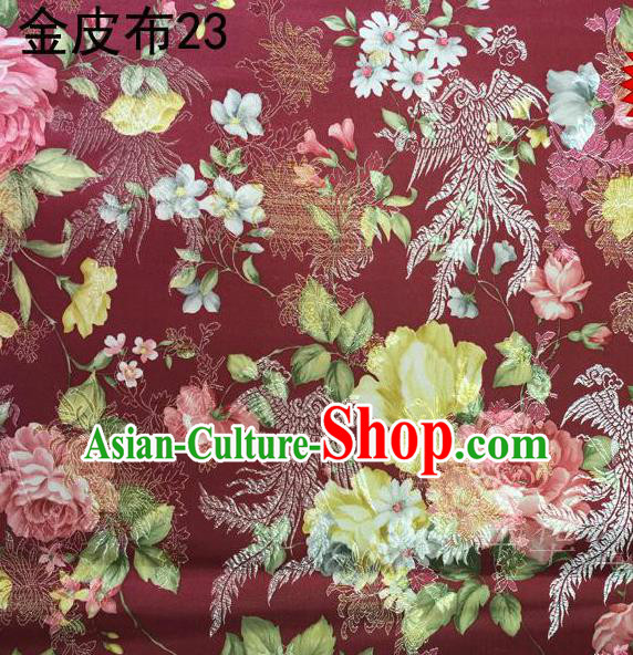 Asian Chinese Traditional Embroidery Peony Dark Red Satin Silk Fabric, Top Grade Brocade Tang Suit Hanfu Fabric Cheongsam Cloth Material