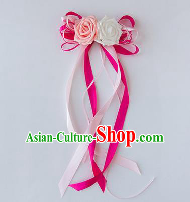 Top Grade Wedding Accessories Decoration, China Style Wedding Limousine Satin Bowknot Rosy Flowers Bride Long Ribbon Garlands