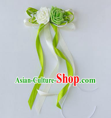 Top Grade Wedding Accessories Decoration, China Style Wedding Limousine Satin Bowknot Green Flowers Bride Long Ribbon Garlands