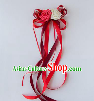 Top Grade Wedding Accessories Decoration, China Style Wedding Limousine Satin Bowknot Red Flowers Bride Long Ribbon Garlands