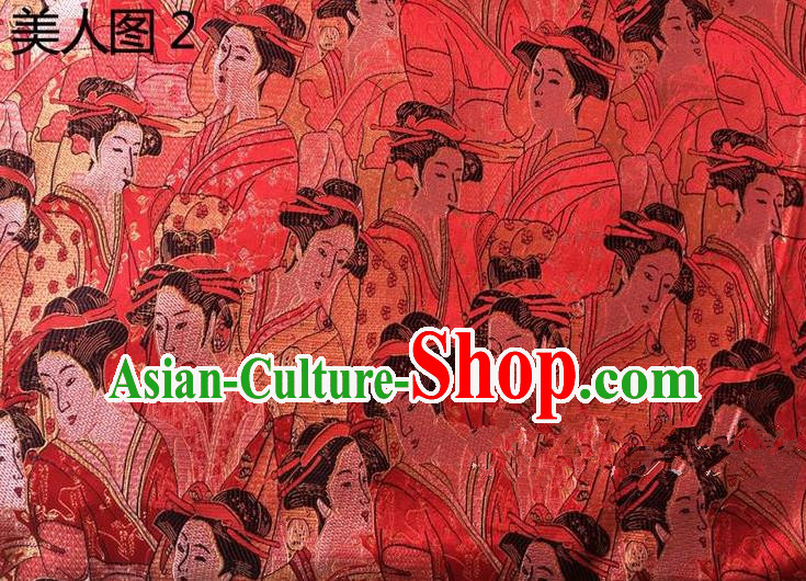 Asian Chinese Traditional Handmade Printing Portrait of a Lady Silk Fabric, Top Grade Nanjing Brocade Tang Suit Hanfu Red Fabric Cheongsam Cloth Material