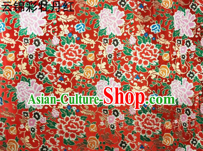 Asian Chinese Traditional Handmade Embroidery Peony Satin Silk Fabric, Top Grade Nanjing Brocade Tang Suit Hanfu Red Fabric Cheongsam Cloth Material