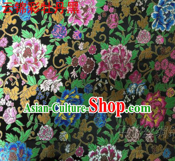 Asian Chinese Traditional Handmade Embroidery Peony Satin Silk Fabric, Top Grade Nanjing Brocade Tang Suit Hanfu Black Fabric Cheongsam Cloth Material