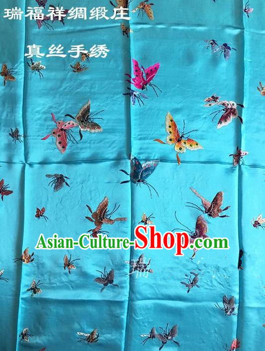 Asian Chinese Traditional Handmade Suzhou Embroidery Butterfly Dancing Satin Silk Fabric, Top Grade Quilt Cover Brocade Blue Fabric Cloth Material
