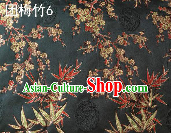 Asian Chinese Traditional Handmade Embroidery Plum and Bamboo Silk Fabric, Top Grade Nanjing Brocade Tang Suit Hanfu Black Fabric Cheongsam Cloth Material