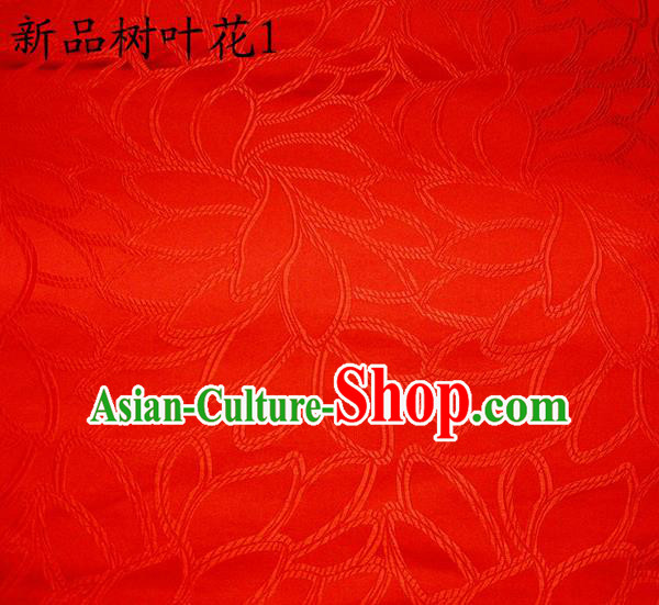 Asian Chinese Traditional Handmade Embroidery Red Leaf Pattern Satin Wedding Silk Fabric, Top Grade Nanjing Brocade Tang Suit Hanfu Fabric Cheongsam Red Cloth Material