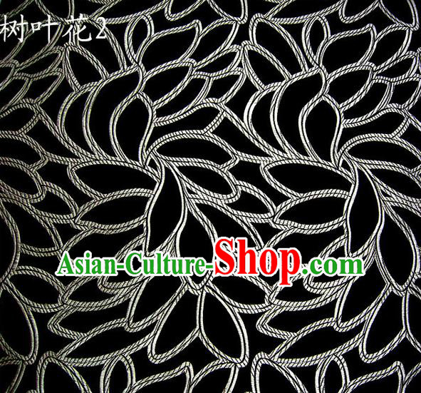 Asian Chinese Traditional Handmade Embroidery White Leaf Pattern Satin Wedding Silk Fabric, Top Grade Nanjing Brocade Tang Suit Hanfu Fabric Cheongsam Black Cloth Material