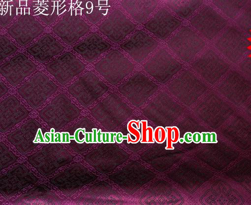 Asian Chinese Traditional Handmade Embroidery Rhombus Pattern Satin Silk Fabric, Top Grade Nanjing Brocade Tang Suit Hanfu Fabric Cheongsam Deep Purple Cloth Material