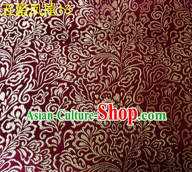 Asian Chinese Traditional Handmade Embroidery Golden Five-star Ombre Flowers Satin Silk Fabric, Top Grade Nanjing Brocade Tang Suit Hanfu Fabric Cheongsam Wine Red Cloth Material