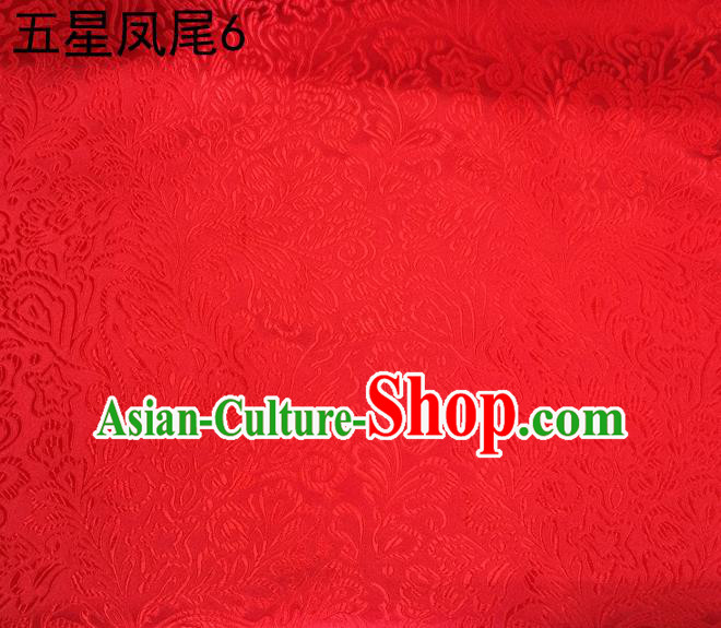Asian Chinese Traditional Handmade Embroidery Red Five-star Ombre Flowers Satin Silk Fabric, Top Grade Nanjing Brocade Tang Suit Hanfu Fabric Cheongsam Cloth Material