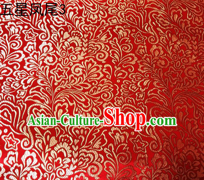 Asian Chinese Traditional Handmade Embroidery Golden Five-star Ombre Flowers Satin Red Silk Fabric, Top Grade Nanjing Brocade Tang Suit Hanfu Fabric Cheongsam Cloth Material