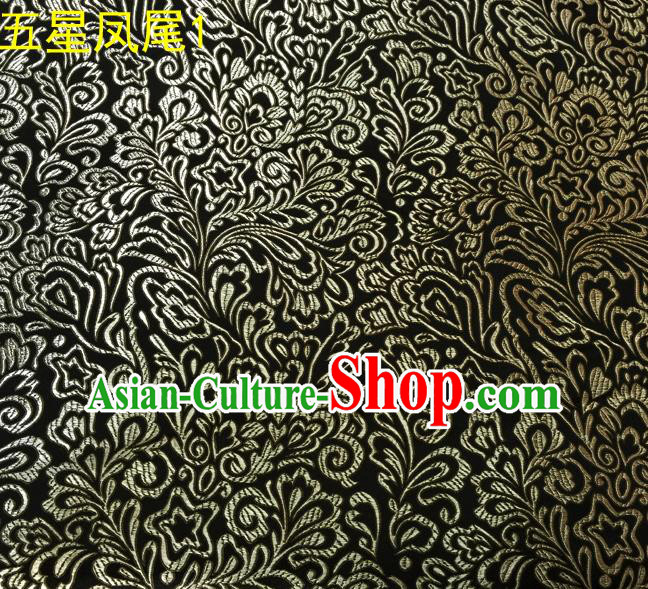 Asian Chinese Traditional Handmade Embroidery Golden Five-star Ombre Flowers Satin Black Silk Fabric, Top Grade Nanjing Brocade Tang Suit Hanfu Fabric Cheongsam Cloth Material