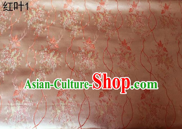 Asian Chinese Traditional Handmade Embroidery Maple Leaf Satin Wedding Silk Fabric, Top Grade Nanjing Brocade Tang Suit Hanfu Fabric Cheongsam Pink Cloth Material