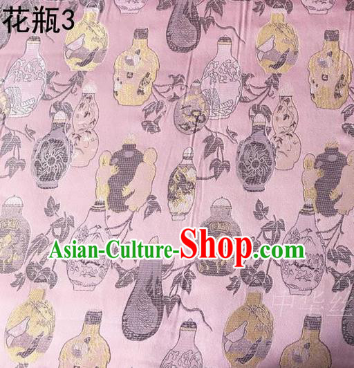 Traditional Asian Chinese Handmade Embroidery Vase Satin Pink Silk Fabric, Top Grade Nanjing Brocade Tang Suit Hanfu Clothing Fabric Cheongsam Cloth Material