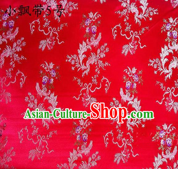 Traditional Asian Chinese Handmade Embroidery Flowers Ribbons Satin Red Silk Fabric, Top Grade Nanjing Brocade Tang Suit Hanfu Clothing Fabric Cheongsam Cloth Material