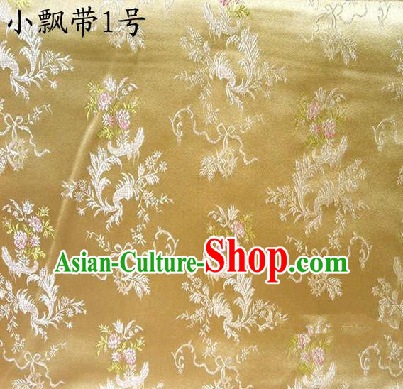 Traditional Asian Chinese Handmade Embroidery Flowers Ribbons Satin Golden Silk Fabric, Top Grade Nanjing Brocade Tang Suit Hanfu Clothing Fabric Cheongsam Cloth Material