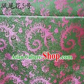 Traditional Asian Chinese Handmade Embroidery Pink Ombre Peony Flowers Satin Green Silk Fabric, Top Grade Nanjing Brocade Tang Suit Hanfu Clothing Fabric Cheongsam Cloth Material