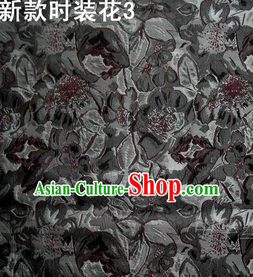 Traditional Asian Chinese Handmade Printing Flowers Satin Black Silk Fabric, Top Grade Nanjing Brocade Tang Suit Hanfu Clothing Fabric Cheongsam Cloth Material