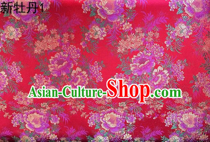 Traditional Asian Chinese Handmade Embroidery Peony Flowers Satin Red Silk Fabric, Top Grade Nanjing Brocade Ancient Costume Tang Suit Hanfu Clothing Fabric Cheongsam Cloth Material