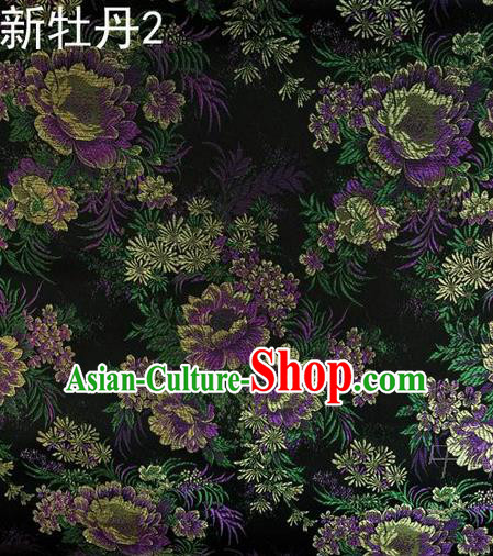 Traditional Asian Chinese Handmade Embroidery Peony Flowers Satin Black Silk Fabric, Top Grade Nanjing Brocade Ancient Costume Tang Suit Hanfu Clothing Fabric Cheongsam Cloth Material