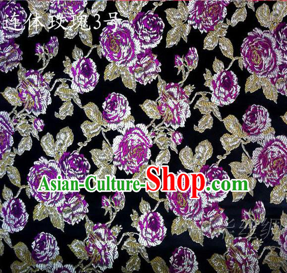 Traditional Asian Chinese Handmade Printing Roses Flowers Satin Black Silk Fabric, Top Grade Nanjing Brocade Tang Suit Hanfu Clothing Fabric Cheongsam Cloth Material
