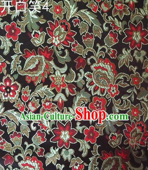 Traditional Asian Chinese Handmade Embroidery Red Flowers Satin Black Silk Fabric, Top Grade Nanjing Brocade Tang Suit Hanfu Wedding Clothing Fabric Cheongsam Cloth Material