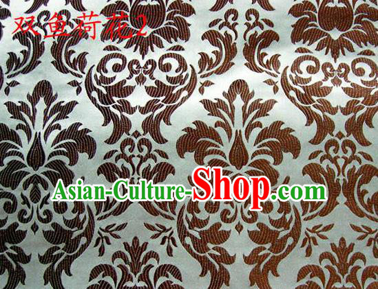 Traditional Asian Chinese Handmade Embroidery Brown Lotus Flowers Fishes Satin Silk Fabric, Top Grade Nanjing Brocade Tang Suit Hanfu Wedding Tibetan Clothing Fabric Cheongsam Cloth Material