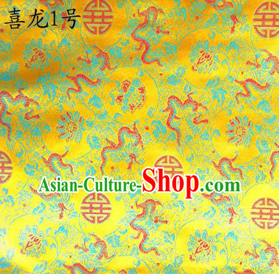 Traditional Asian Chinese Handmade Embroidery Happiness Dragon Satin Golden Silk Fabric, Top Grade Nanjing Brocade Tang Suit Hanfu Tibetan Clothing Fabric Cheongsam Cloth Material